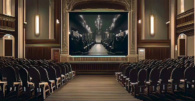 A vintage cinema interior from the 1920s with Art Deco decor and an audience watching a film.