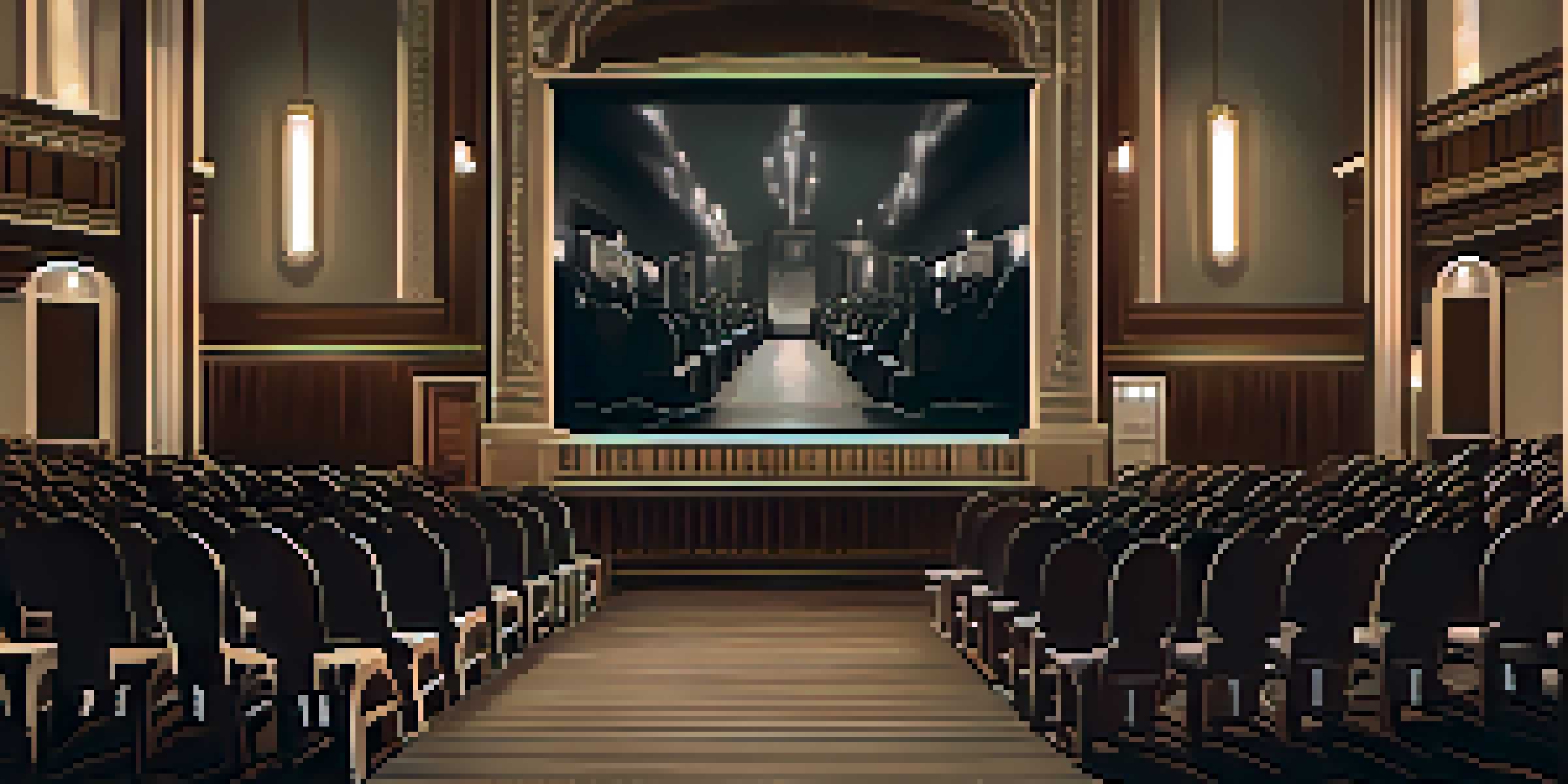 A vintage cinema interior from the 1920s with Art Deco decor and an audience watching a film.