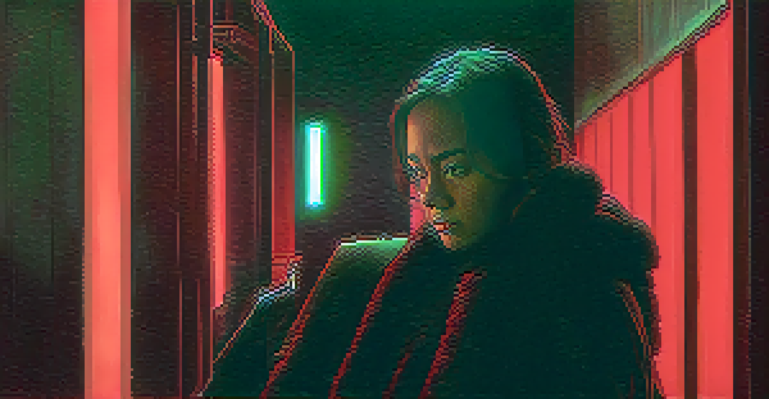 A tense cinematic scene with a character bathed in red light, surrounded by darkness, conveying emotional intensity and danger.