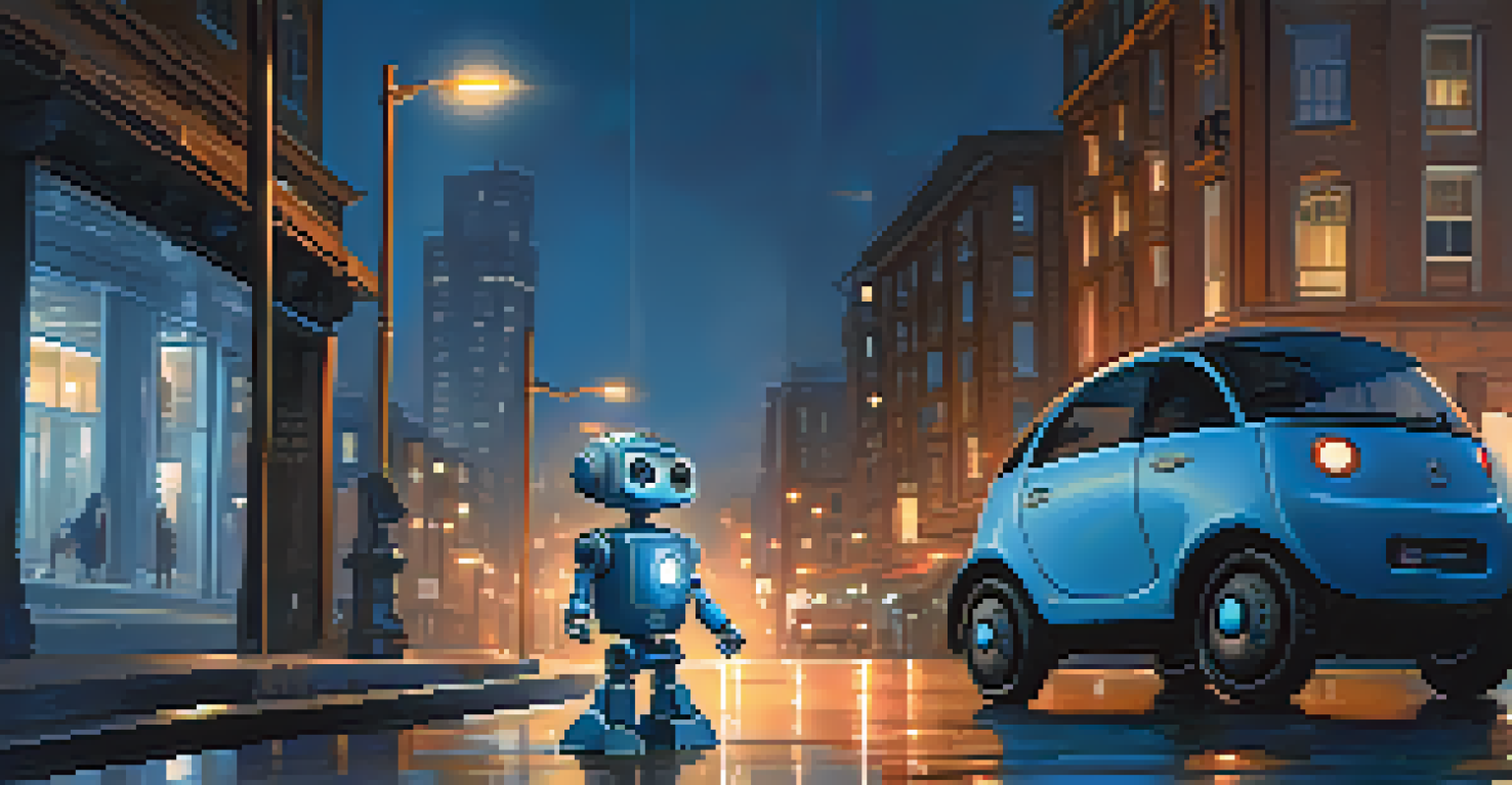 A small robot with big eyes standing alone under a streetlight in a futuristic city at dusk.