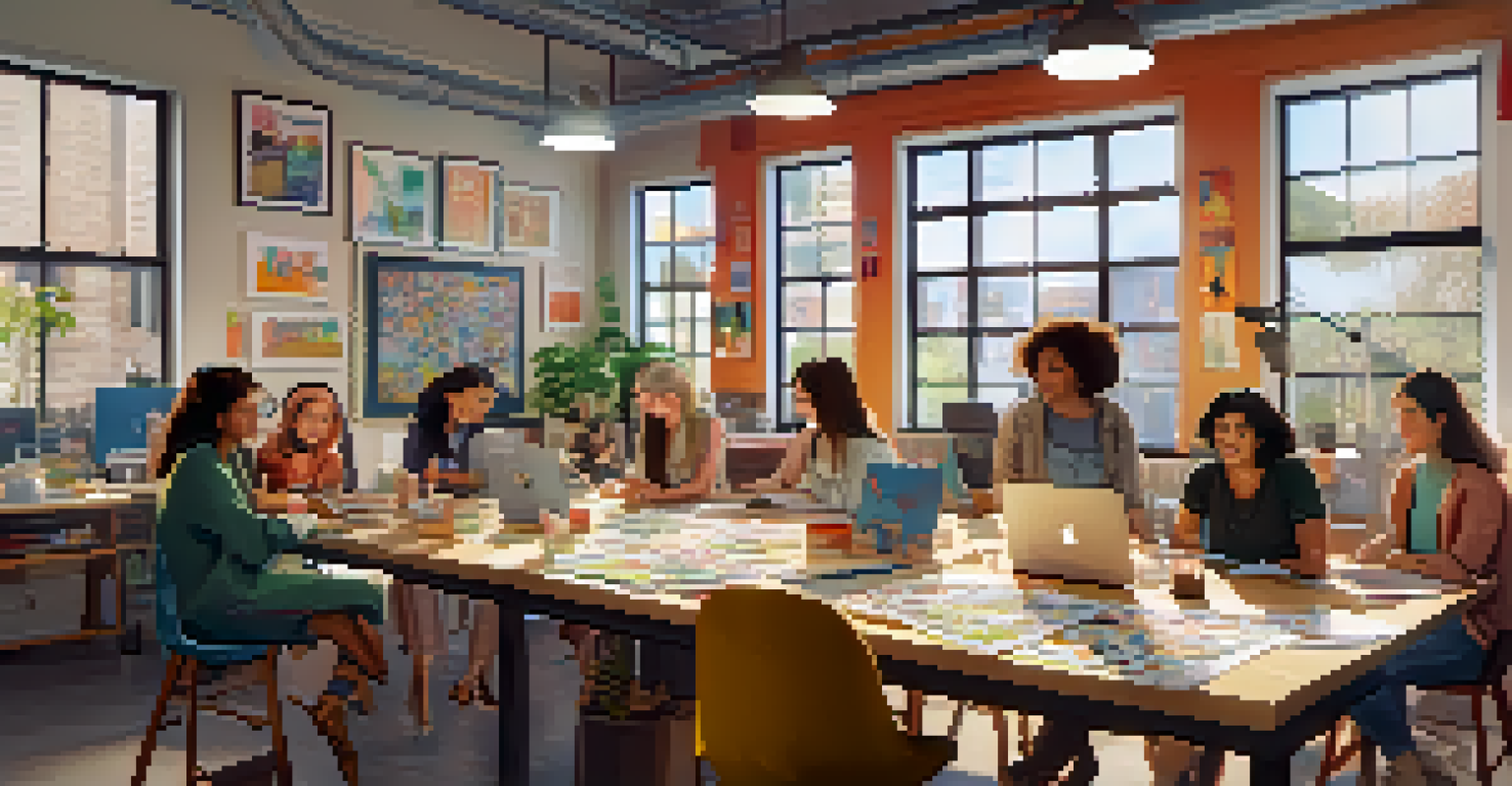 A group of female animators working together in a bright studio, surrounded by sketches and artwork, showcasing collaboration.