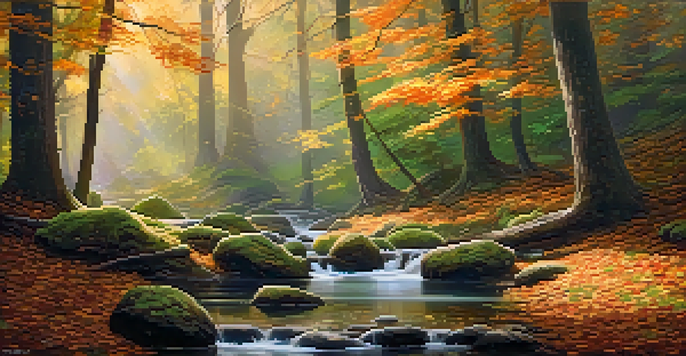 A peaceful forest setting with sunlight filtering through the trees, a brook in the background, and moss-covered ground.
