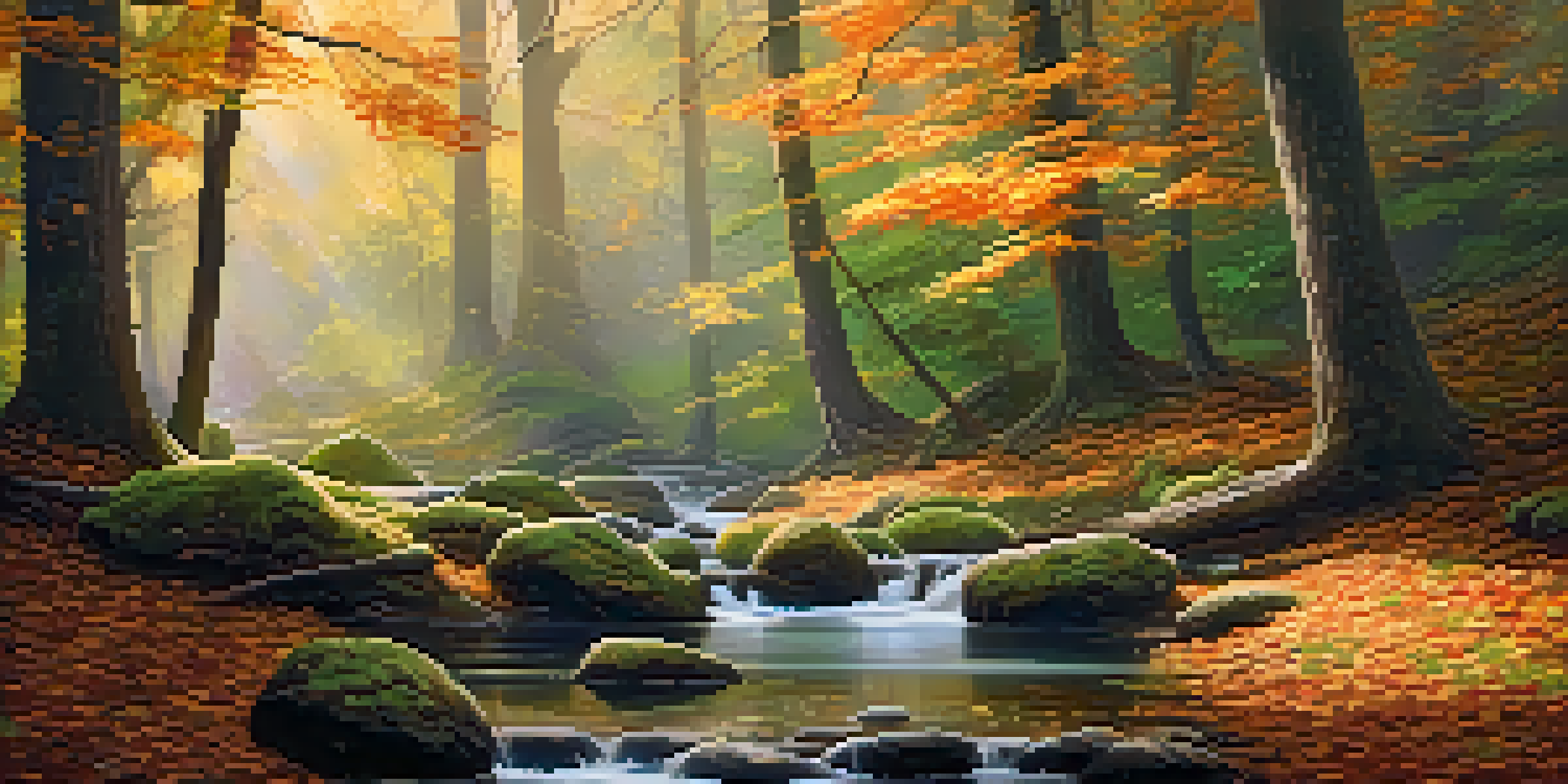 A peaceful forest setting with sunlight filtering through the trees, a brook in the background, and moss-covered ground.