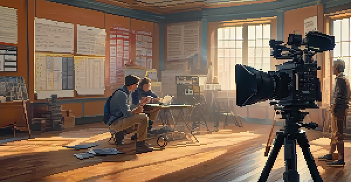 A film set with a shooting schedule on a corkboard and filmmaking equipment, illuminated by warm natural light, with a crew member in the background.