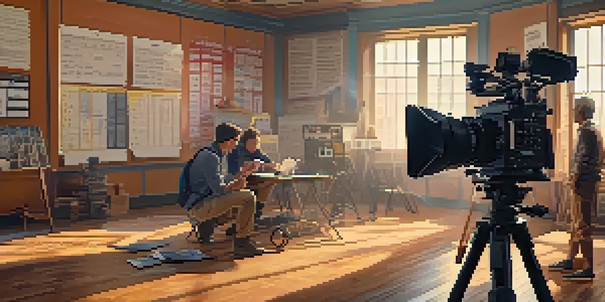 A film set with a shooting schedule on a corkboard and filmmaking equipment, illuminated by warm natural light, with a crew member in the background.