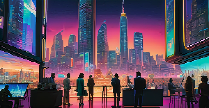 A futuristic city skyline at dusk, with filmmakers and investors discussing surrounded by holographic displays.