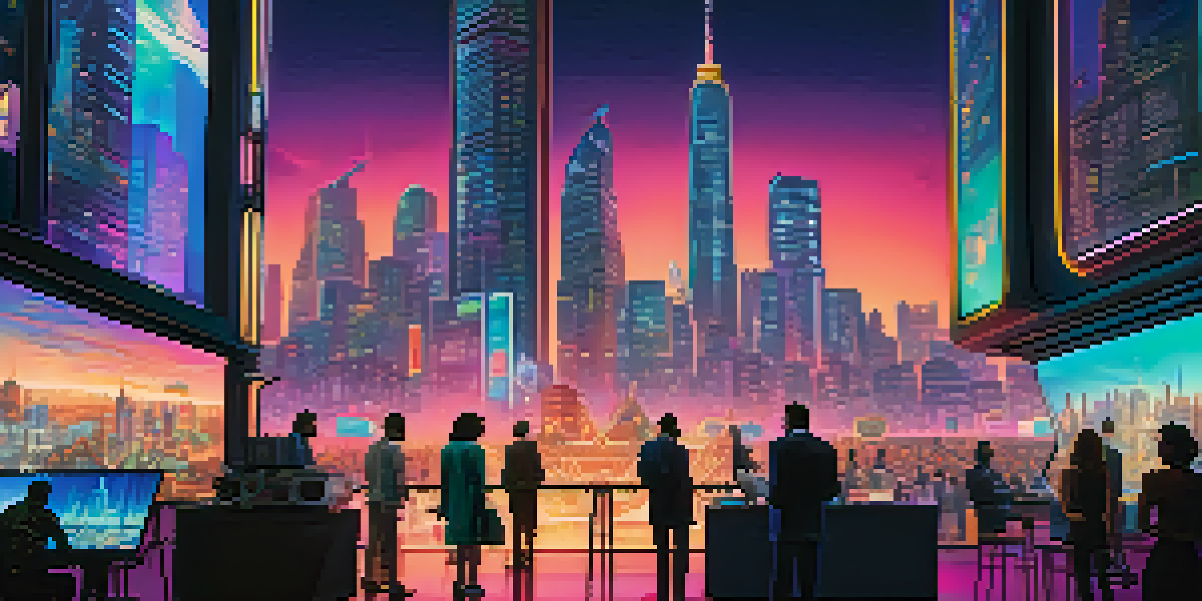 A futuristic city skyline at dusk, with filmmakers and investors discussing surrounded by holographic displays.