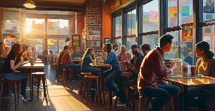 A cozy urban cafe with movie posters on a table and a smartphone showing an Instagram feed, illuminated by warm sunlight.