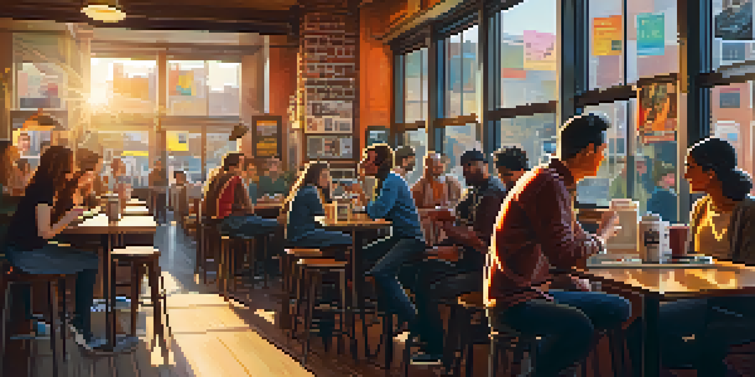 A cozy urban cafe with movie posters on a table and a smartphone showing an Instagram feed, illuminated by warm sunlight.