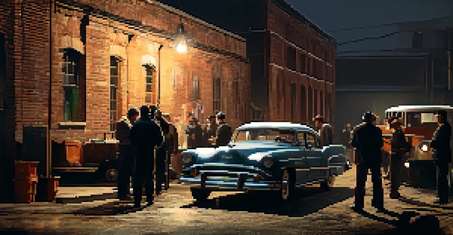 A film set with a director and crew working around a vintage car, illuminated by moody lighting, creating a suspenseful atmosphere.