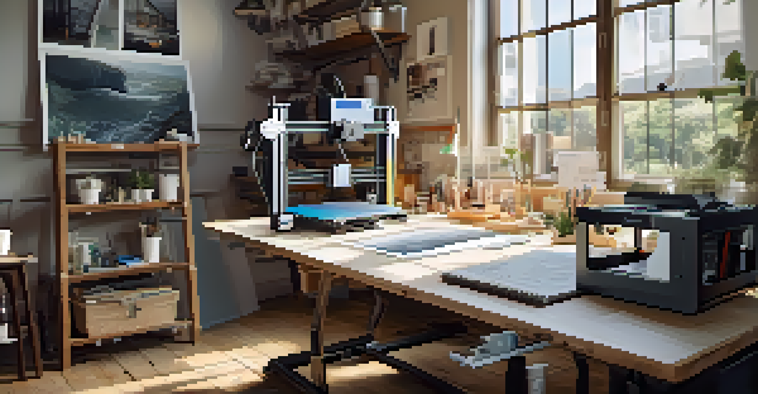 Workspace with a 3D printer creating a prop, sketches on walls, and tools organized on a workbench, illuminated by natural light.