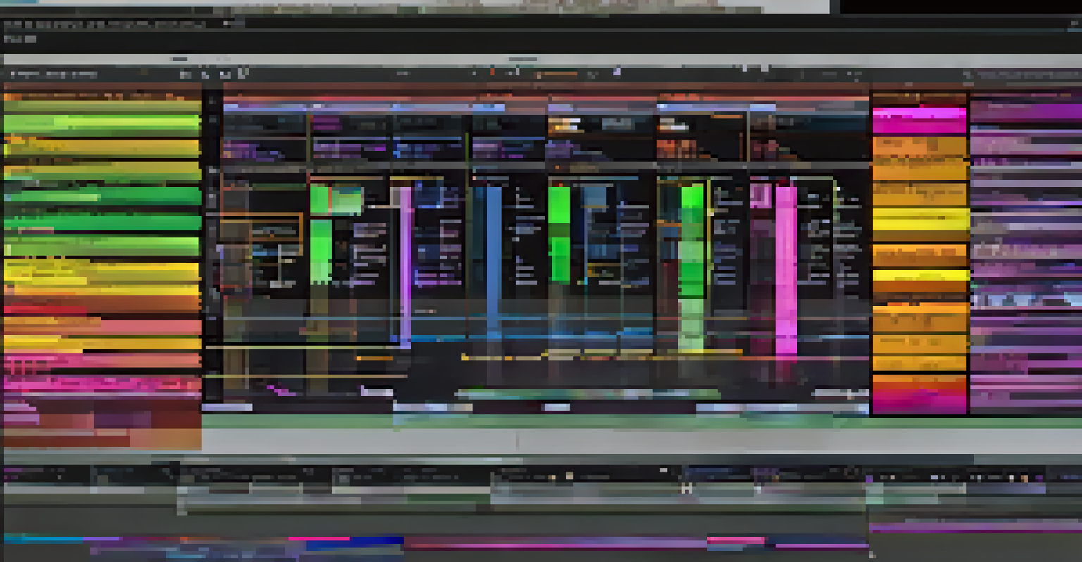 Close-up of an editing timeline on a computer screen showing colored clips, markers, and transitions for film editing.
