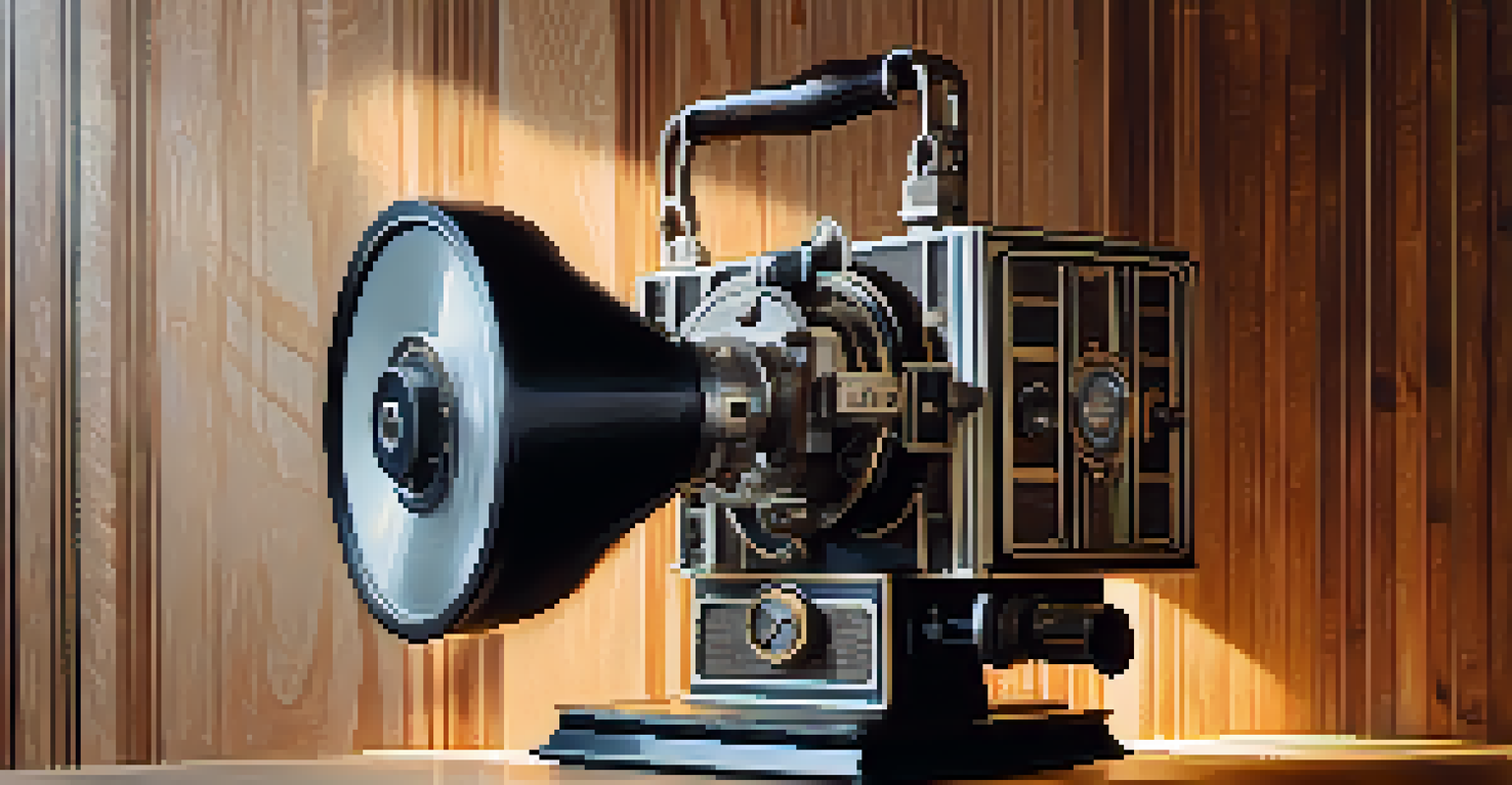 A close-up of a vintage film projector casting light on a textured wall, with abstract imagery visible on the film reel.