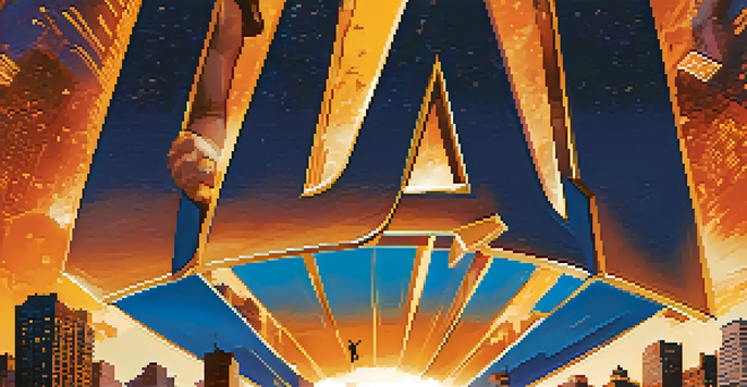 A colorful action movie poster depicting a hero performing a stunt amidst explosions, with a sunset city skyline in the background.