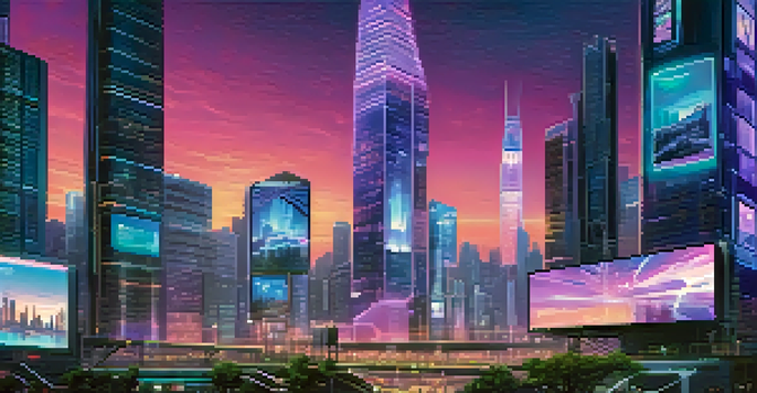A vibrant city skyline at dusk with neon lights, showcasing people using devices and digital billboards.