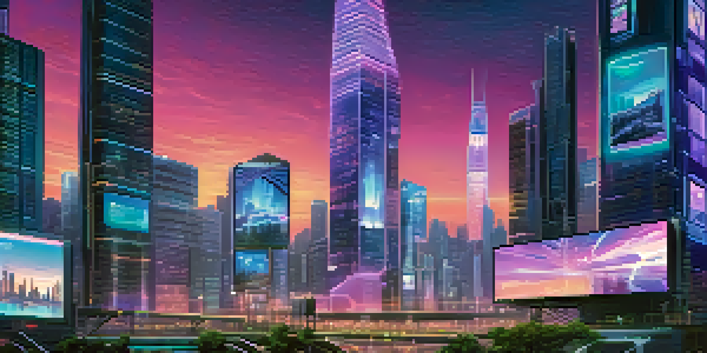 A vibrant city skyline at dusk with neon lights, showcasing people using devices and digital billboards.