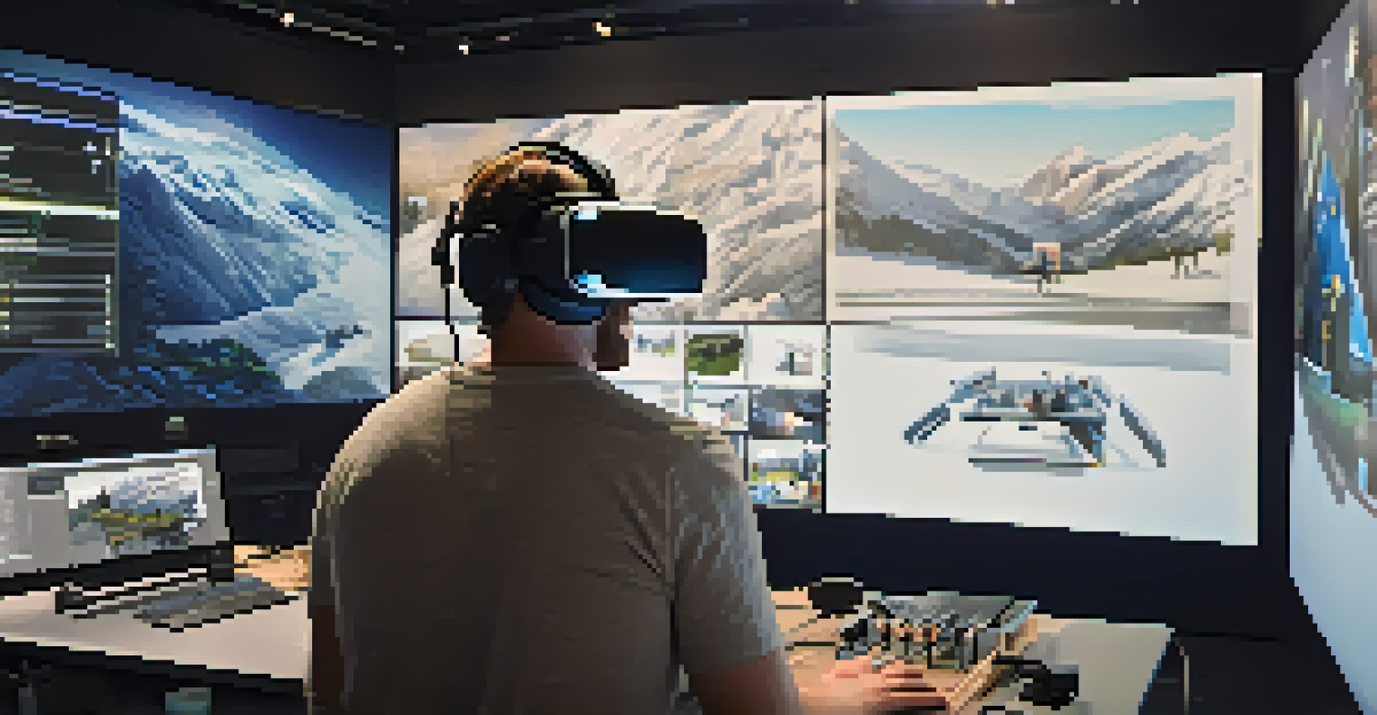 A filmmaker wearing VR goggles in a high-tech studio, interacting with a 3D storyboard, illustrating the future of cinematography and immersive storytelling.