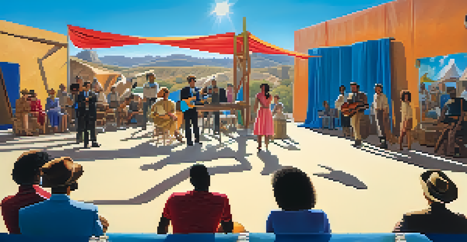 Actors rehearsing a scene on an outdoor film set with colorful props under a blue sky.