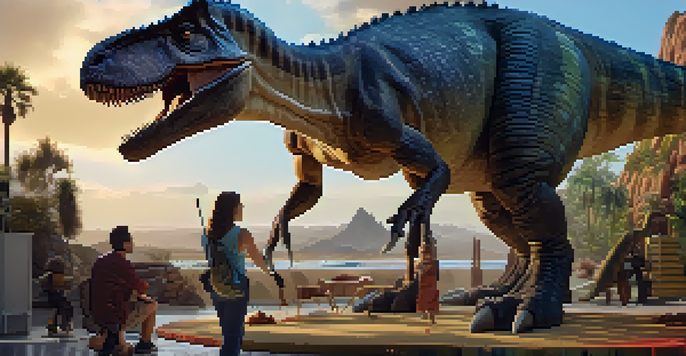 A film set with a life-size animatronic dinosaur and colorful digital landscapes, highlighting the mix of practical and digital effects.