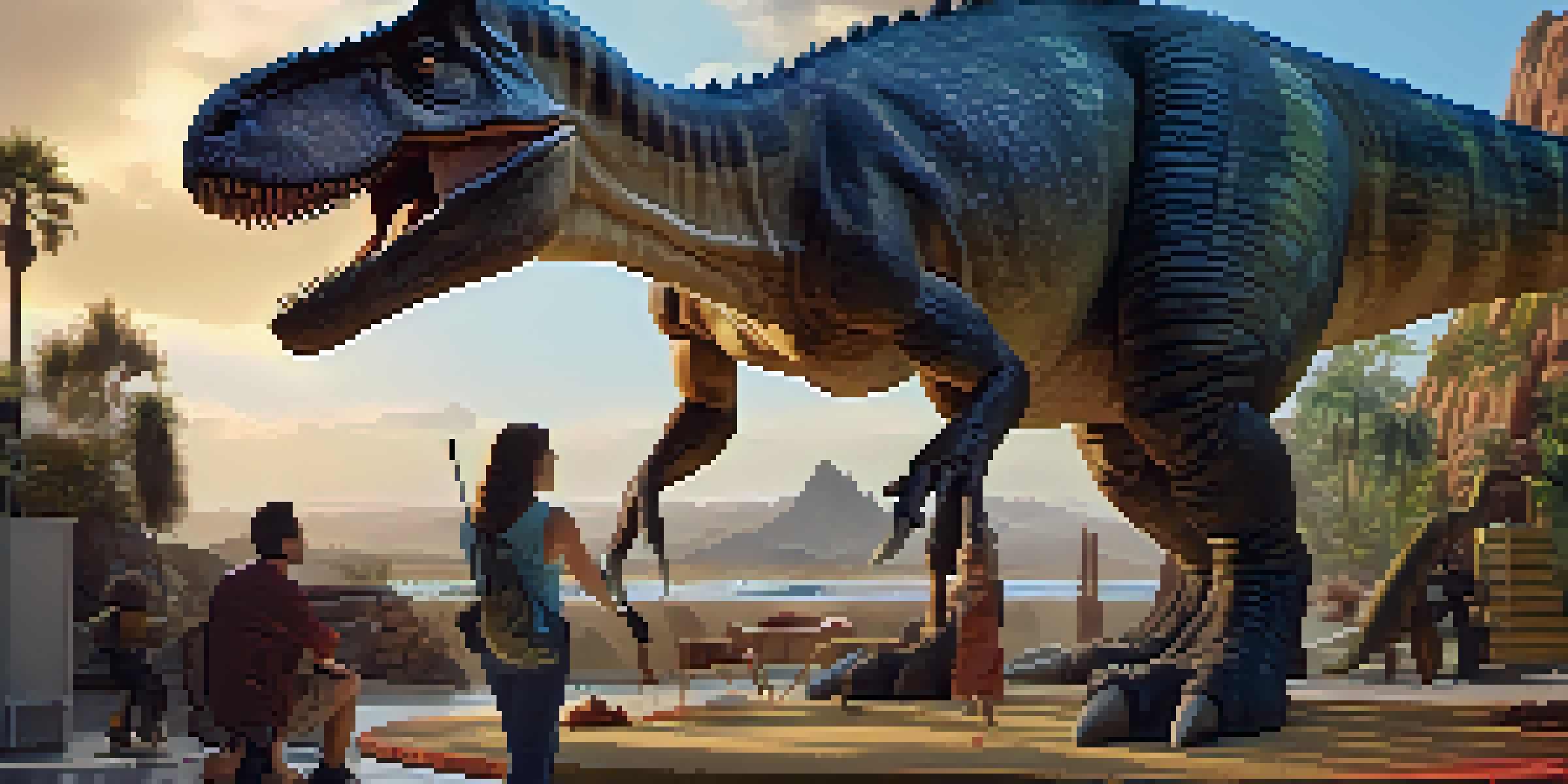 A film set with a life-size animatronic dinosaur and colorful digital landscapes, highlighting the mix of practical and digital effects.