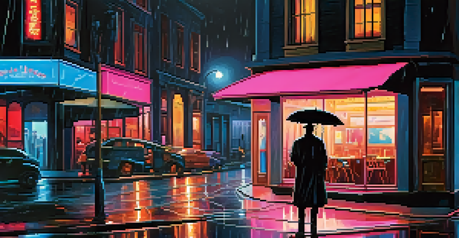 A rainy city street at night, with a lone figure in a trench coat under an umbrella, neon lights reflecting on the pavement.