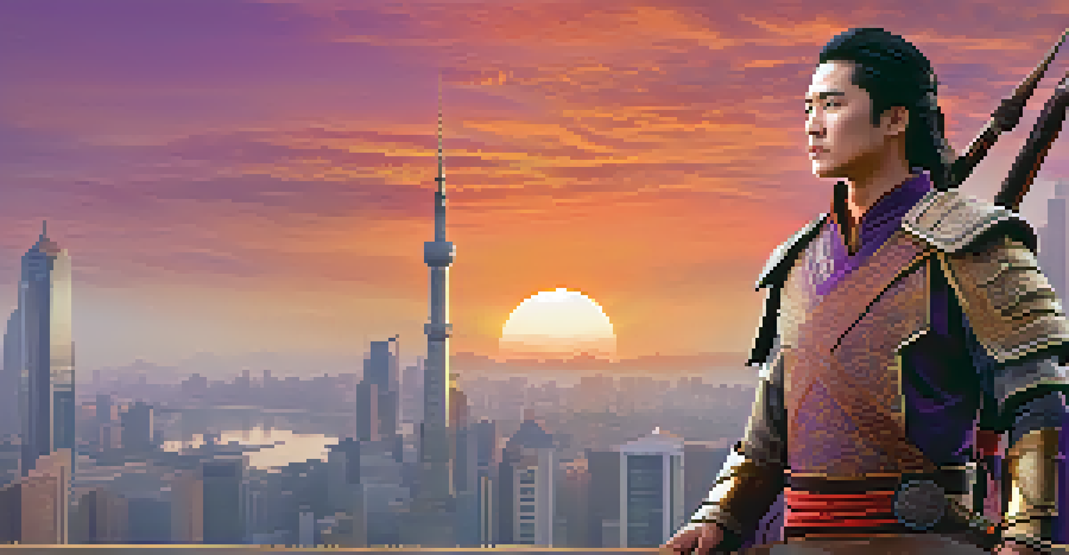 A movie poster featuring a heroic character in a blend of Eastern and Western attire on a city rooftop at sunset.