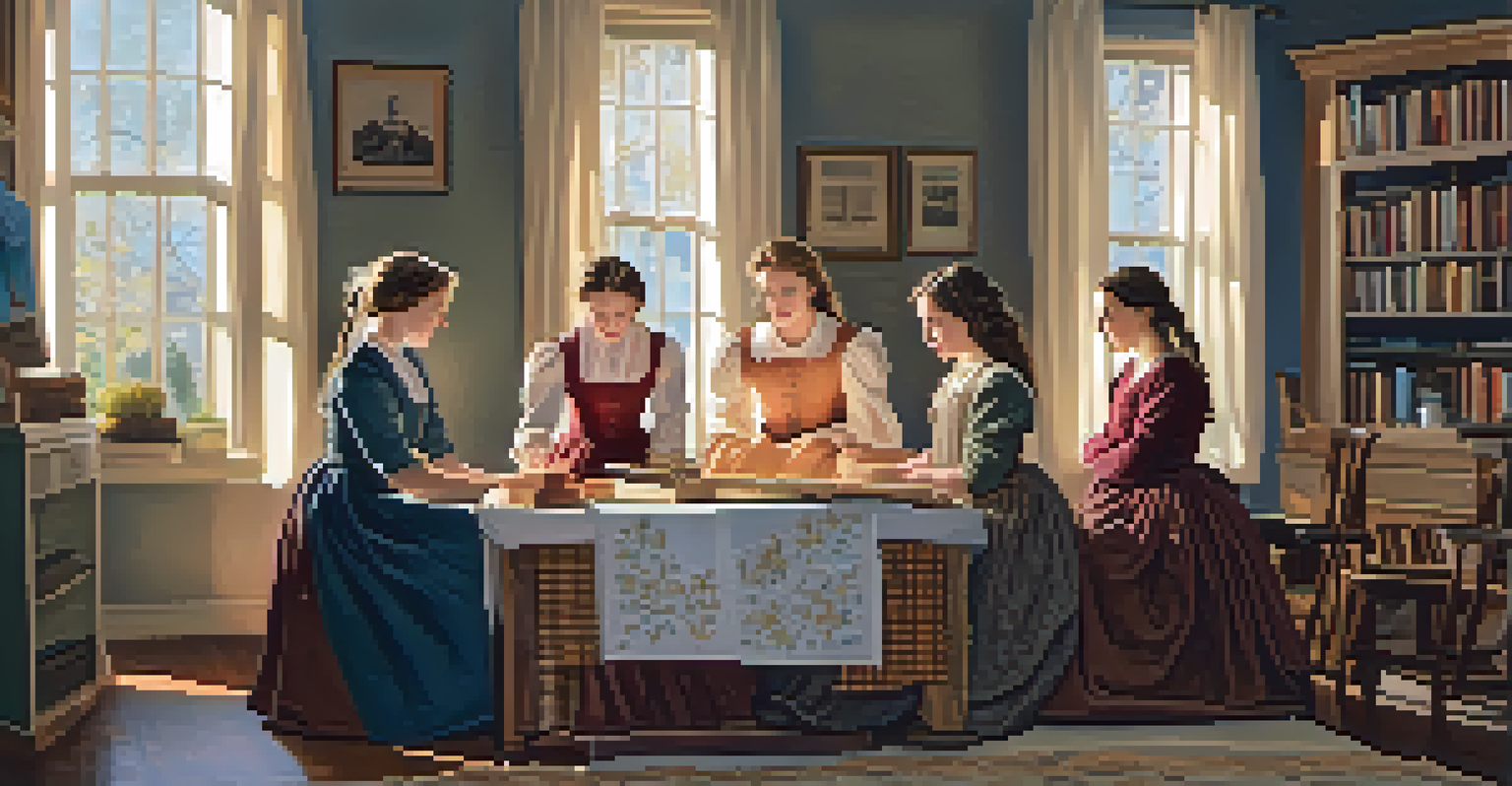 Four sisters in a sunlit room from 'Little Women', each engaged in different activities.