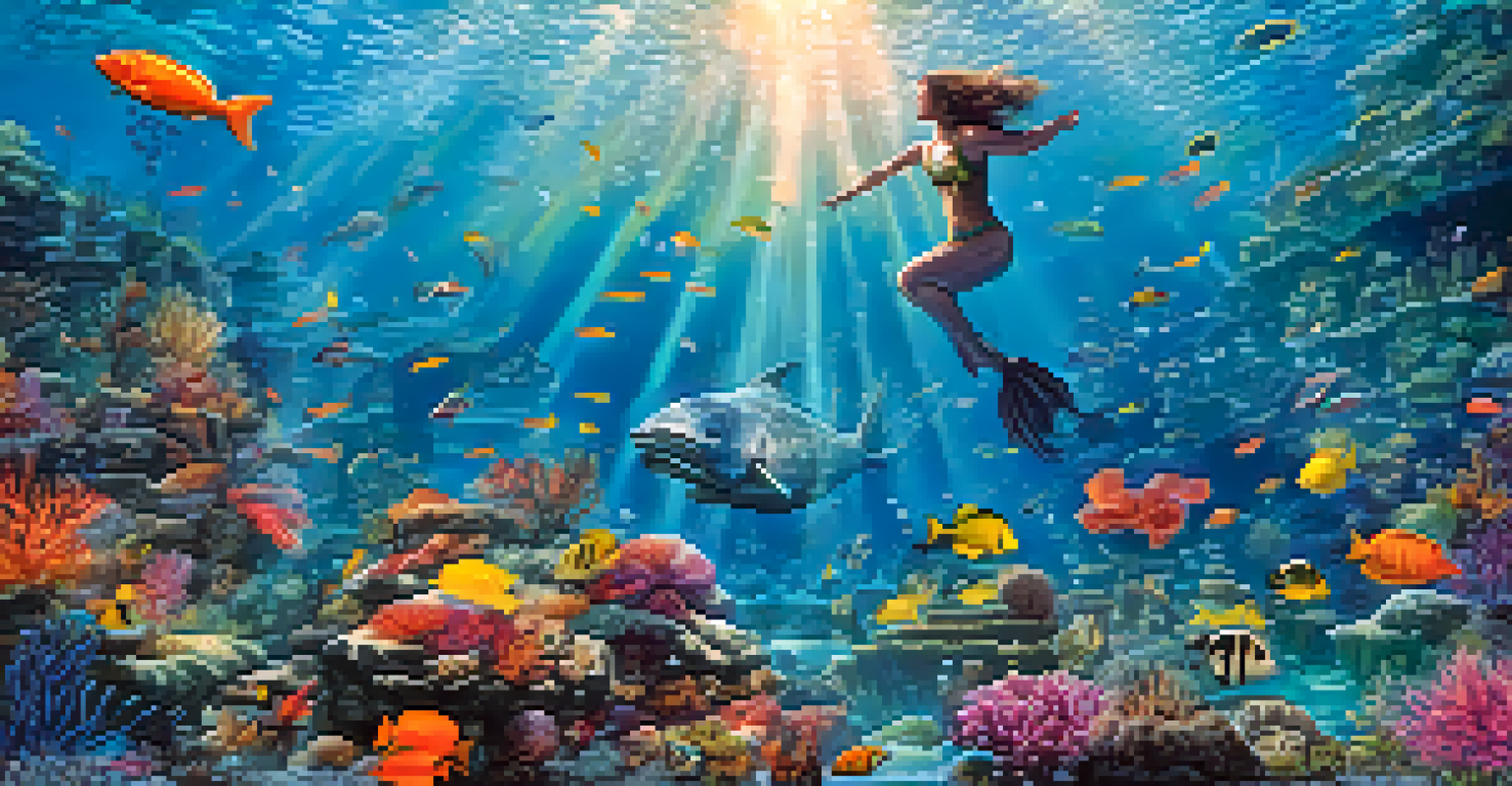 A beautiful underwater scene with a mermaid on a rock, surrounded by colorful coral and fish, and beams of sunlight filtering through the water.