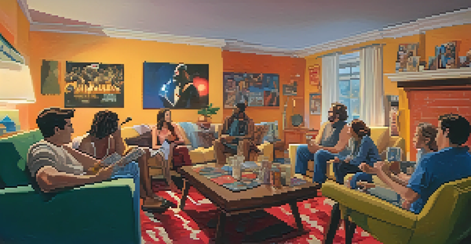 A group of enthusiastic film fans in a cozy living room discussing cult films, surrounded by movie posters and snacks.