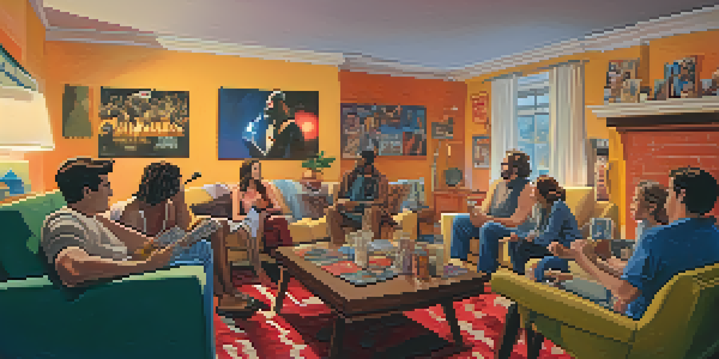 A group of enthusiastic film fans in a cozy living room discussing cult films, surrounded by movie posters and snacks.
