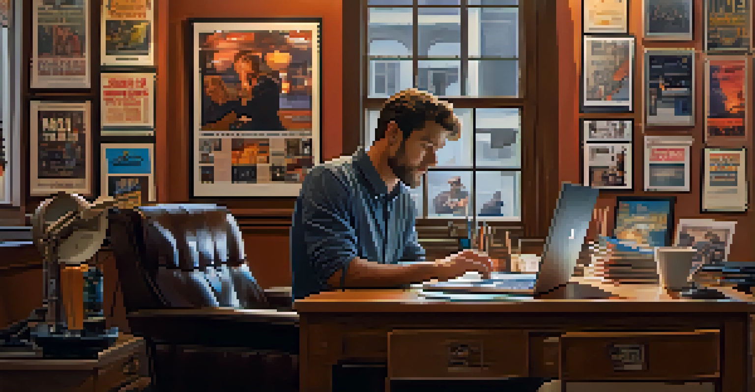 A film producer working on a laptop in a cozy office, surrounded by film posters and awards, with a warm desk lamp illuminating their focused expression.
