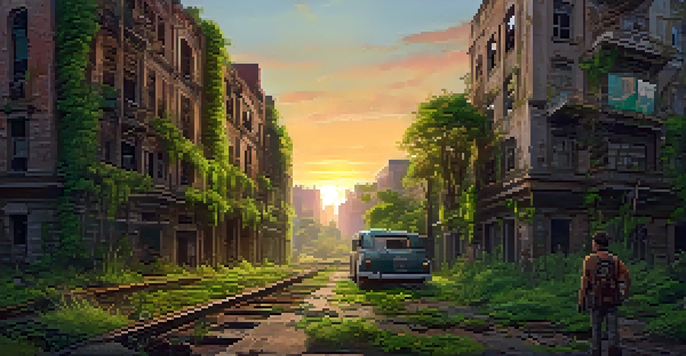 A lone traveler in a post-apocalyptic landscape filled with overgrown greenery and abandoned buildings, illuminated by a sunset.