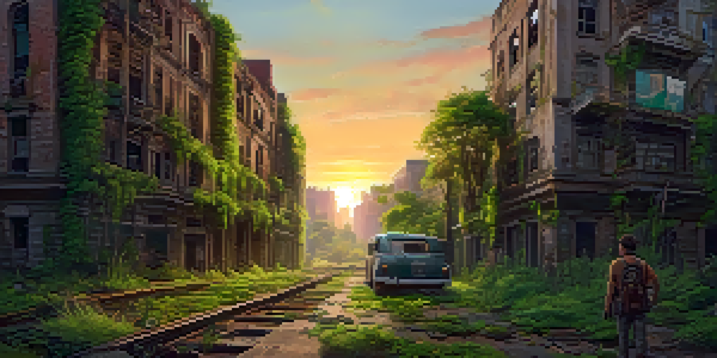 A lone traveler in a post-apocalyptic landscape filled with overgrown greenery and abandoned buildings, illuminated by a sunset.
