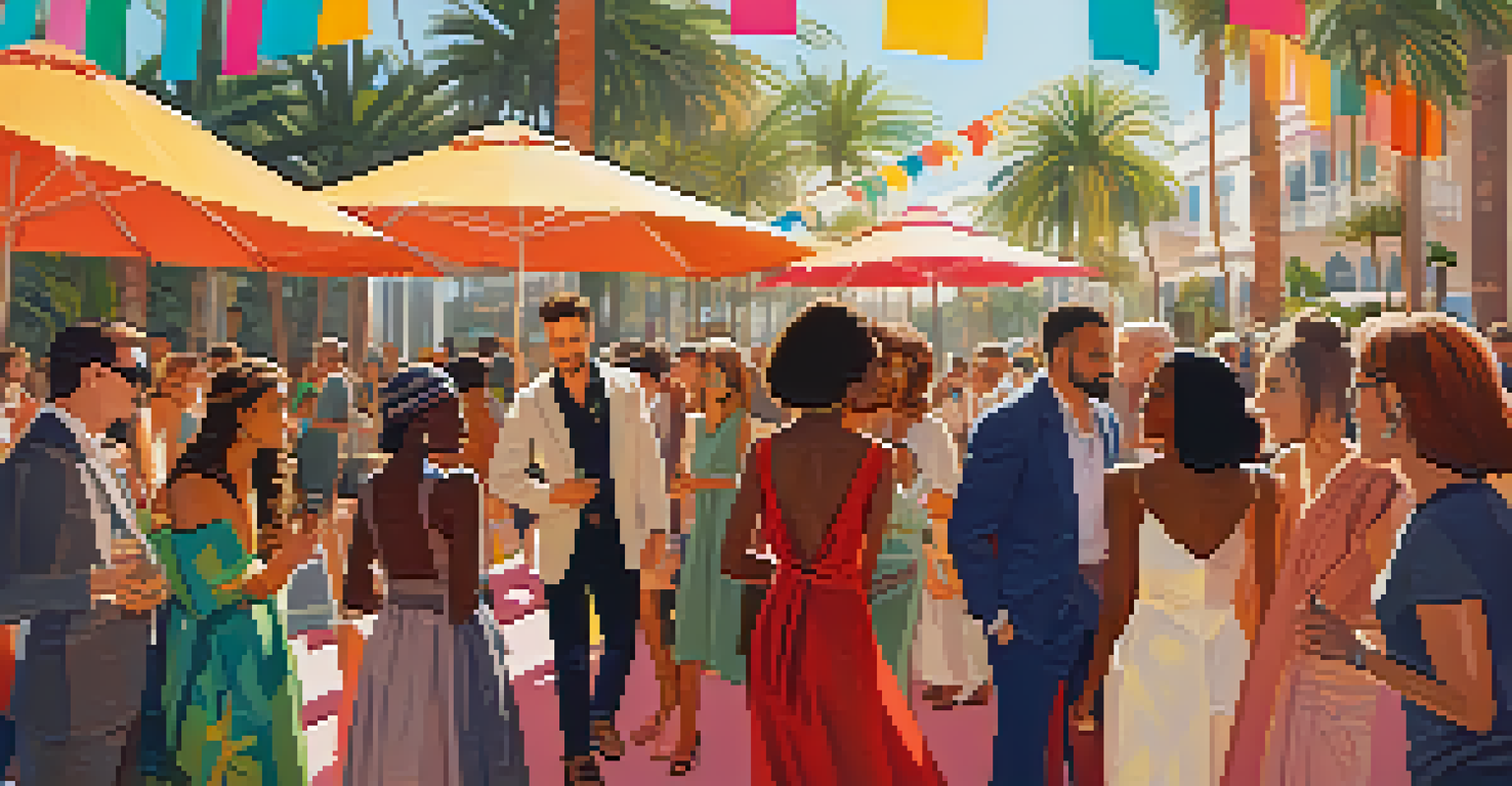 A diverse group of filmmakers and actors interacting at the Cannes Film Festival outdoors.