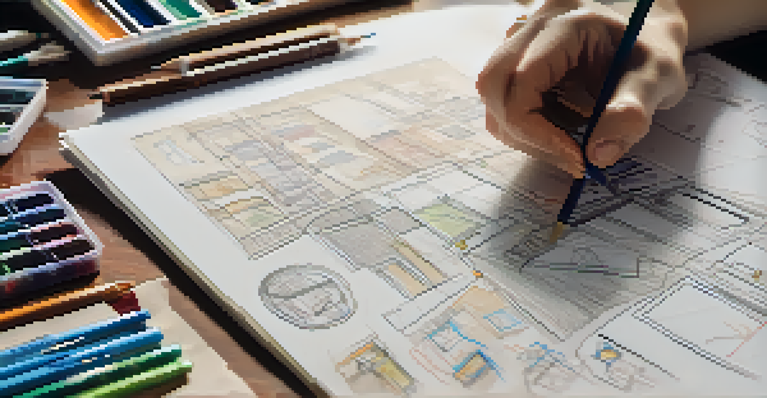 A hand sketching a storyboard frame with art supplies scattered around.
