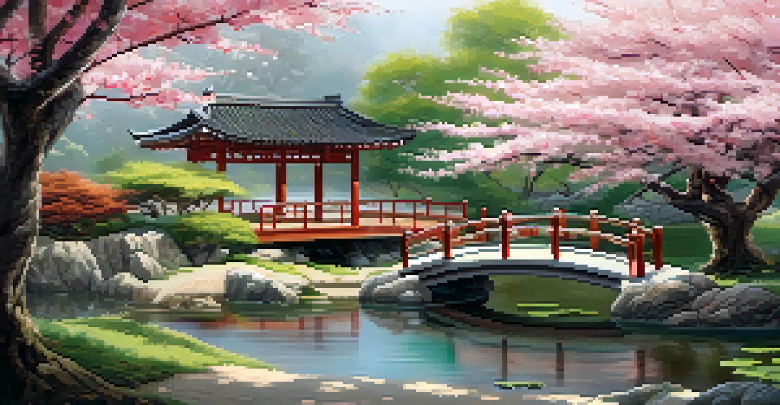 A tranquil Asian garden featuring a koi pond, cherry blossom trees in bloom, and a stone pathway leading to a wooden bridge, embodying peace and harmony.