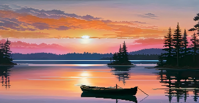 A peaceful sunset over a calm lake, with silhouettes of pine trees and a small boat on the water.