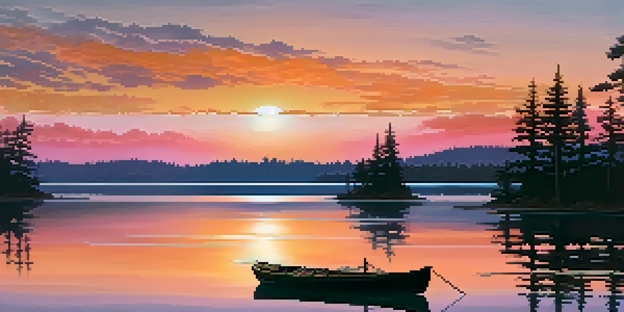 A peaceful sunset over a calm lake, with silhouettes of pine trees and a small boat on the water.