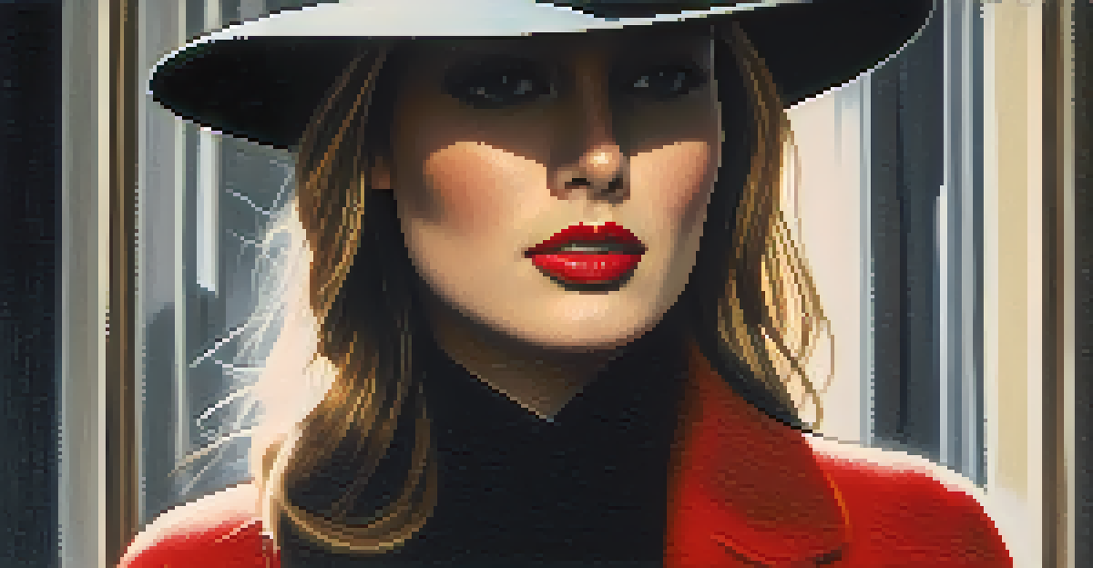 A close-up of a mysterious woman in shadows, wearing a vintage hat and red lipstick, with an enigmatic expression.