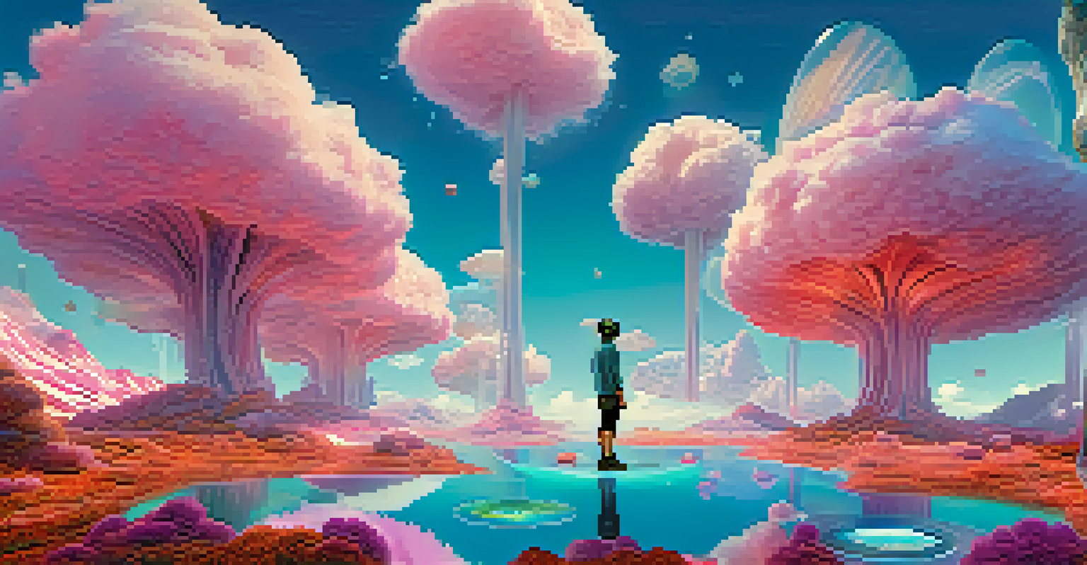 A person in a surreal virtual reality landscape with floating islands and holograms.