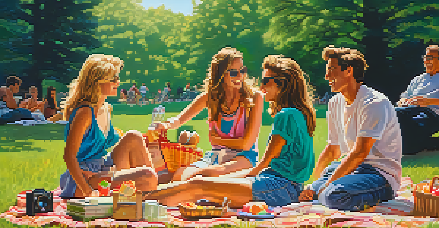 A group of friends enjoying a nostalgic summer afternoon in the 1990s, sitting on a picnic blanket with snacks and a portable stereo in a sunny park.