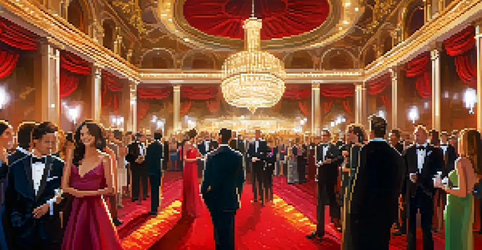 A lively scene of an awards ceremony with attendees in formal attire and a red carpet.