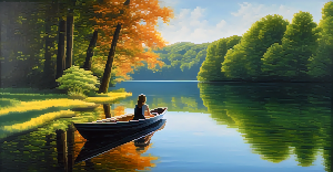 A calm lake surrounded by green trees with a wooden boat and a person sitting in it, reflecting the blue sky and trees on the water's surface.
