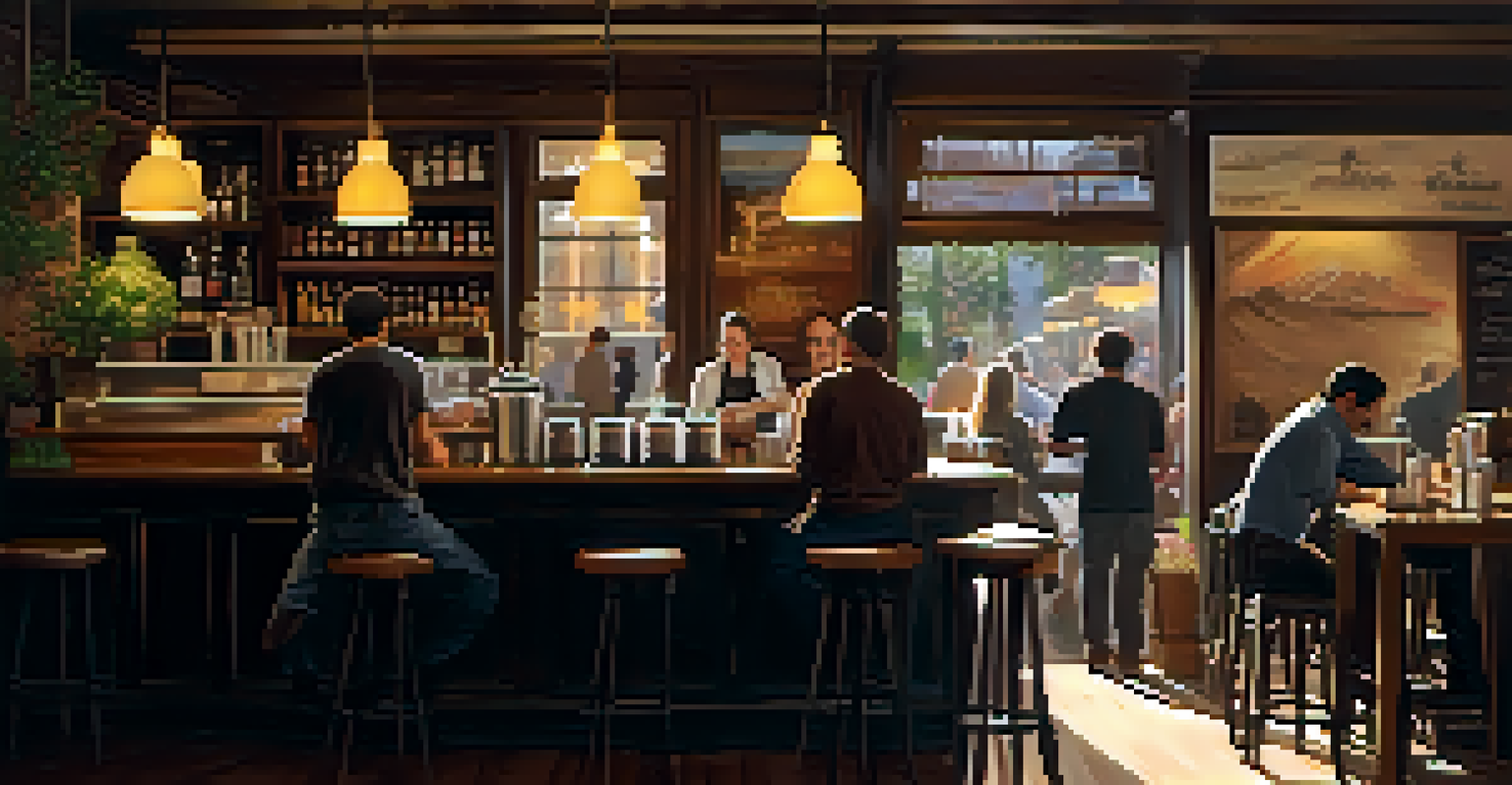A warm and inviting café interior with patrons, wooden furniture, and a barista making coffee.