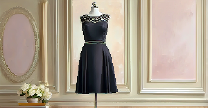 A classic little black dress on a mannequin with a pastel background, showcasing lace detailing and satin finish, accompanied by elegant accessories.