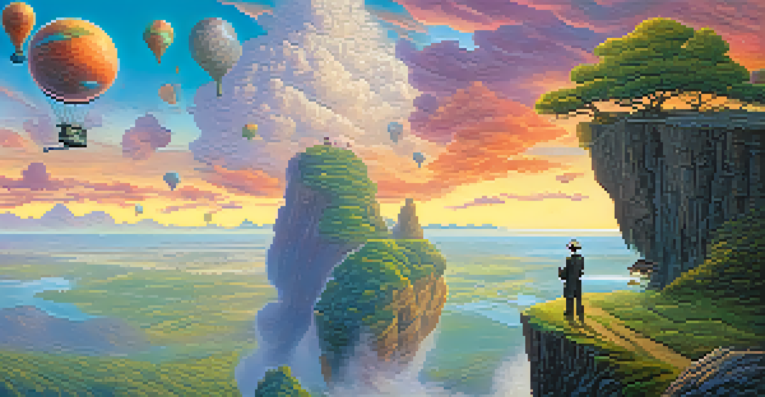A character on a cliff overlooking a colorful fantasy world, speaking into a vintage microphone, symbolizing storytelling through voiceover.