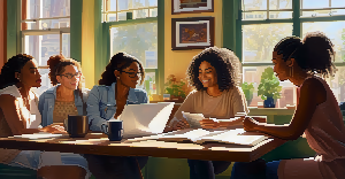 A group of diverse women writers collaborating in a café, surrounded by notebooks and laptops, with sunlight pouring in.