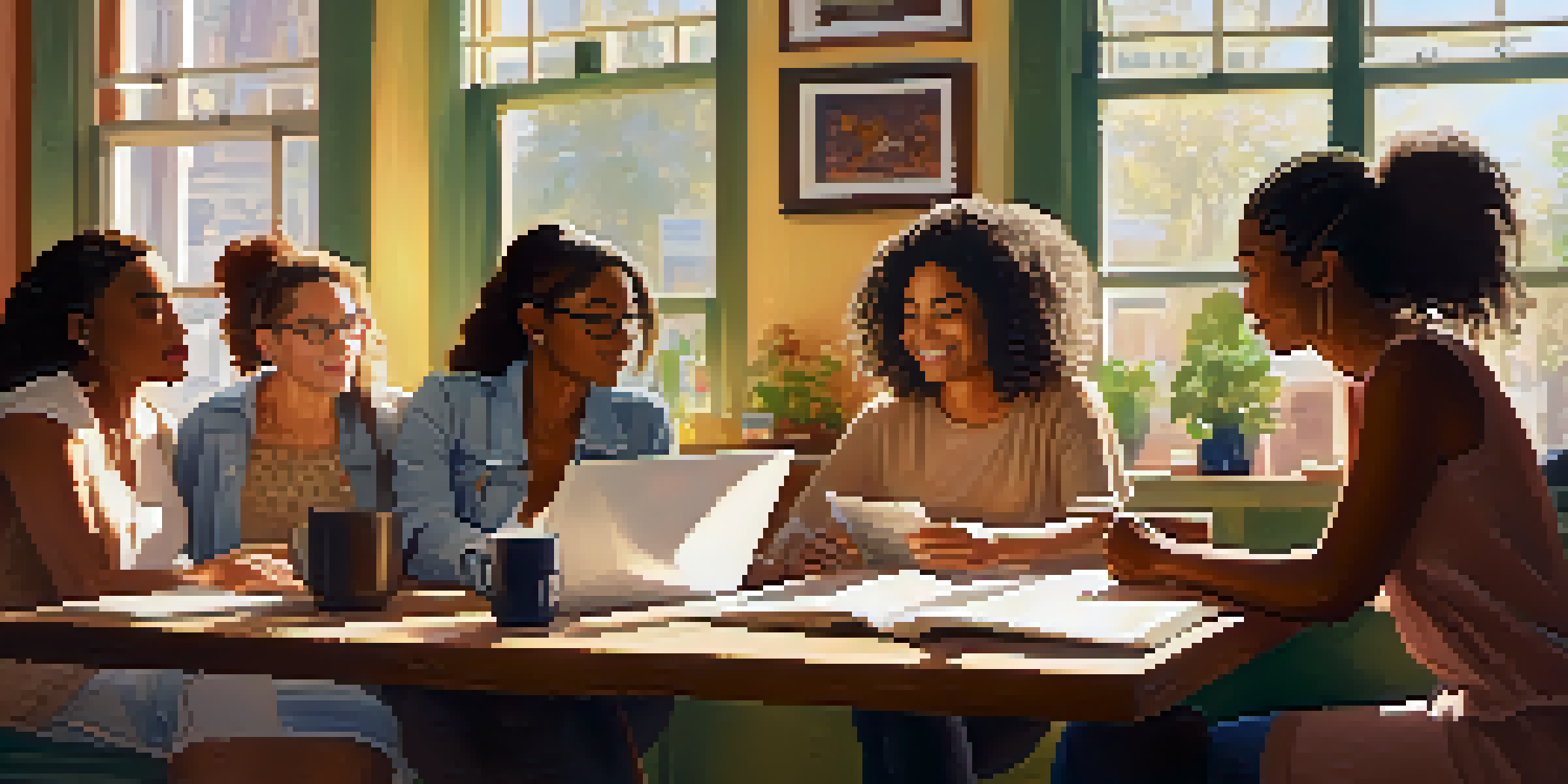 A group of diverse women writers collaborating in a café, surrounded by notebooks and laptops, with sunlight pouring in.