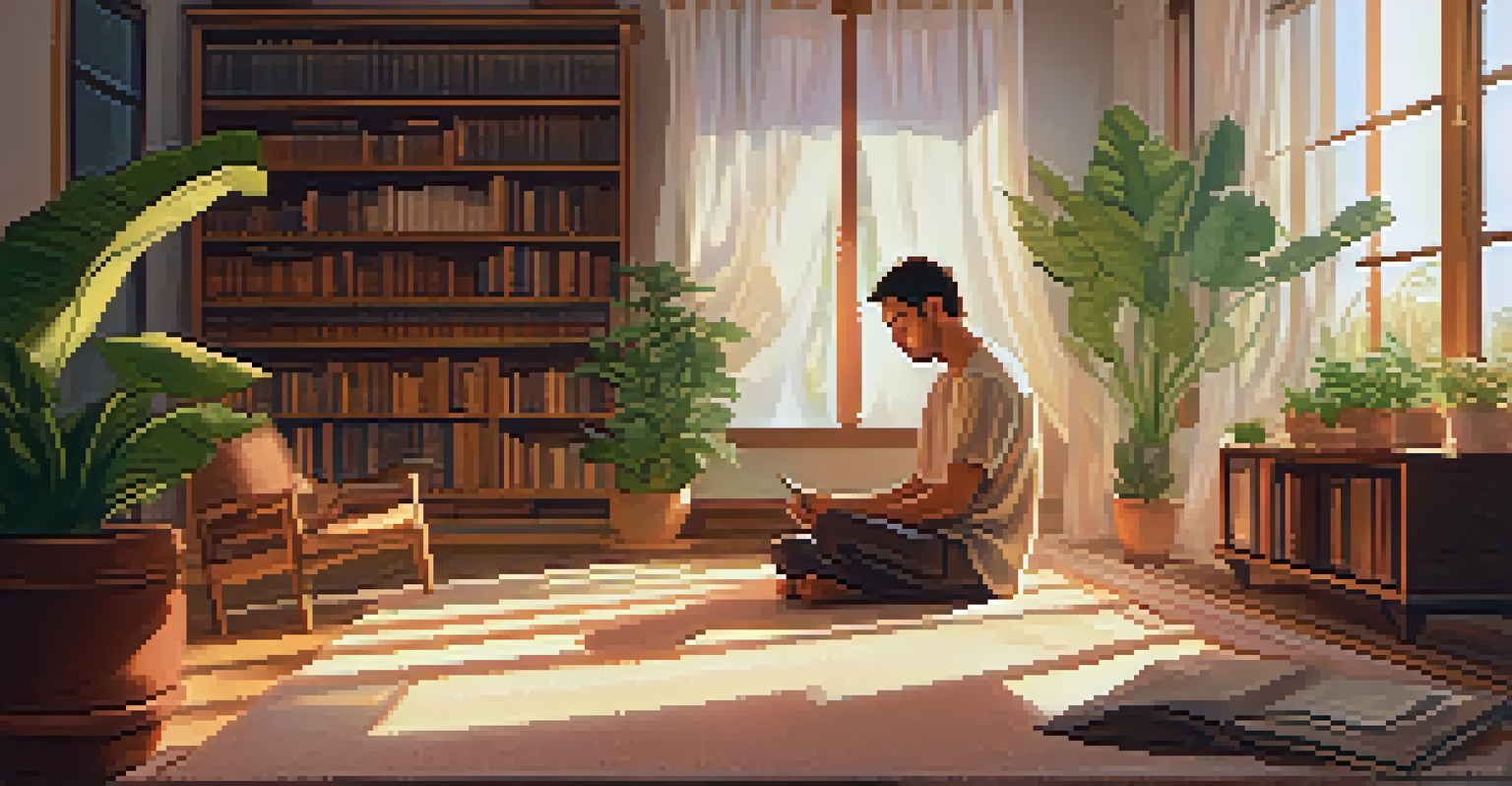 An actor practicing relaxation techniques in a sunlit room, sitting cross-legged with a calm expression amidst plants and books.
