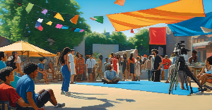 A diverse group of filmmakers and actors working together on a sunny film set with colorful cultural banners.